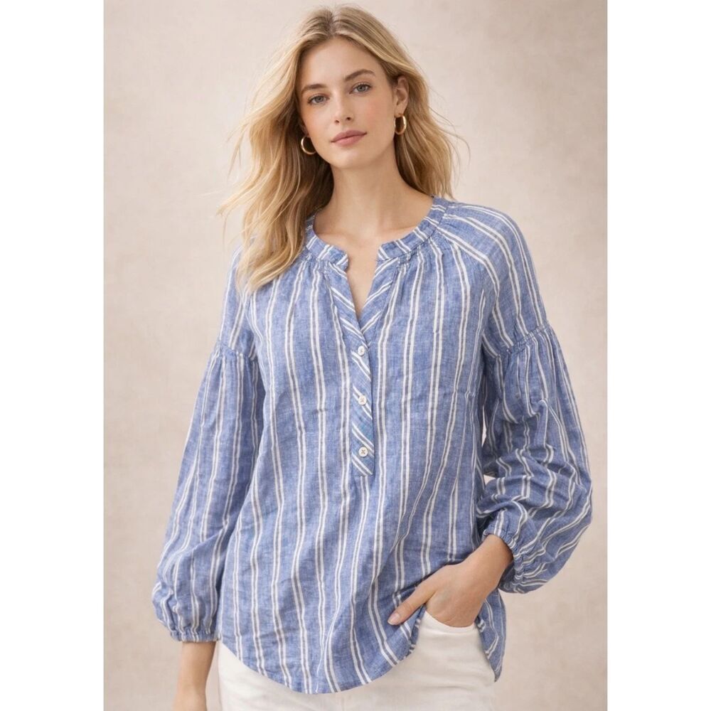 NWT Talbots Blue w/White Stipes Lantern Sleeve 100% Linen Blouse size XLP